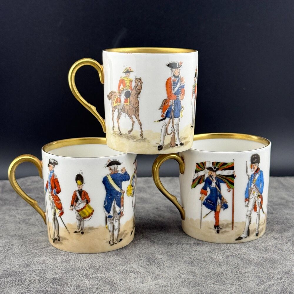 3 Suisse Langenthal Demitasse Porcelain Cups Hand-Painted Gold Soldier Uniform
